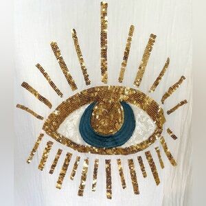 White oversized Blouse with Gold and Blue Sequin Eye